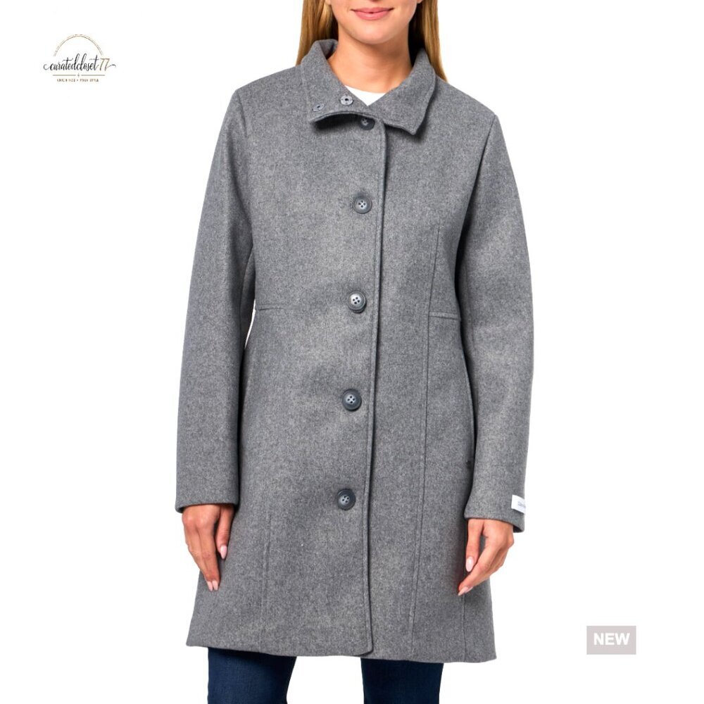 Faux Wool Long Coat Tailored Elegant Classic Button Front Stand Collar